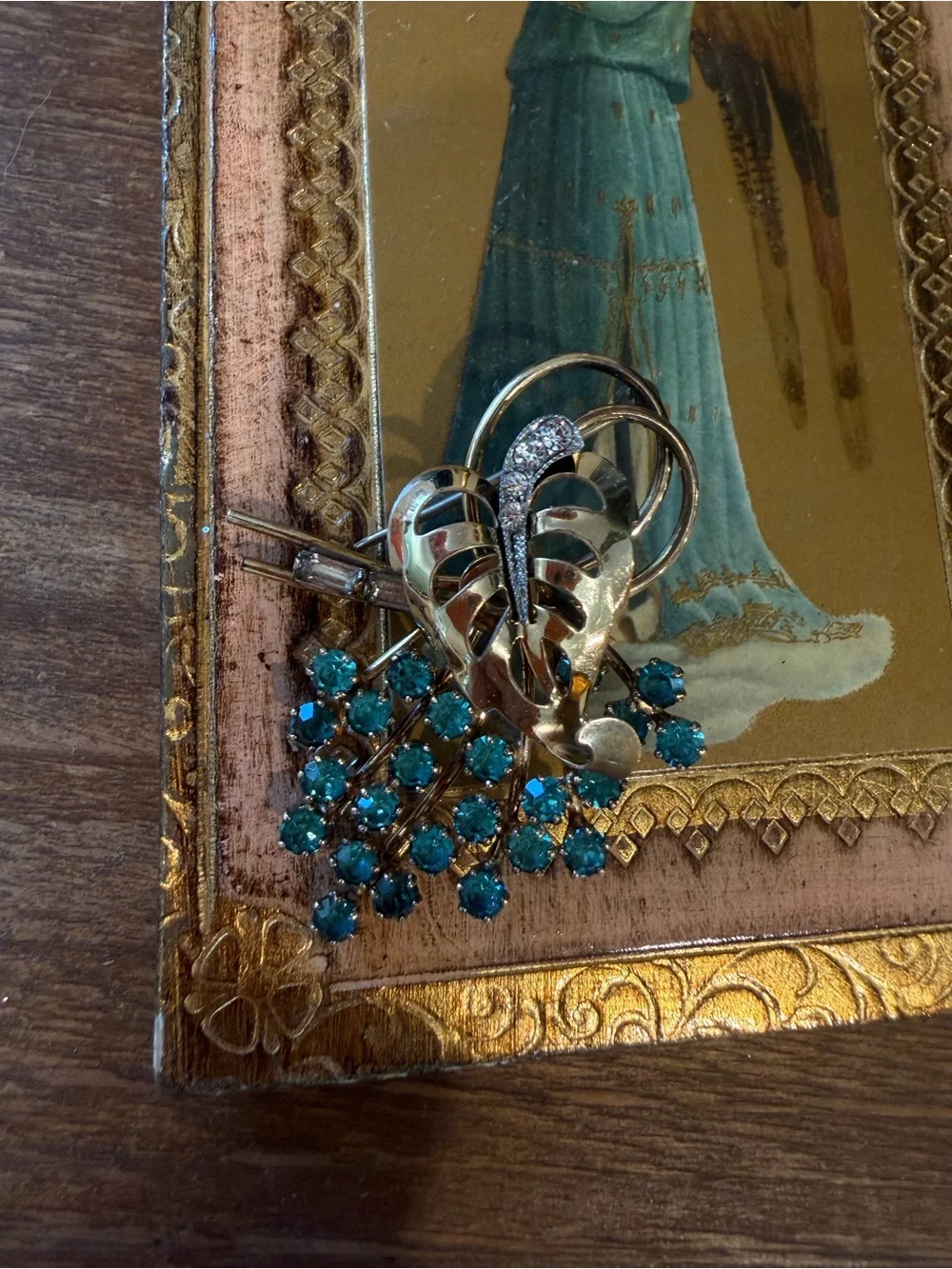 CRO signed 12k GF blue and white rhinestones - gold heart/leaf statement brooch